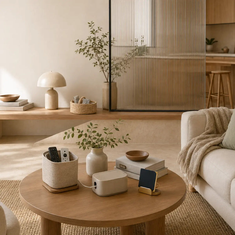 Warm Scandinavian living room with practical home organizers and everyday accessories