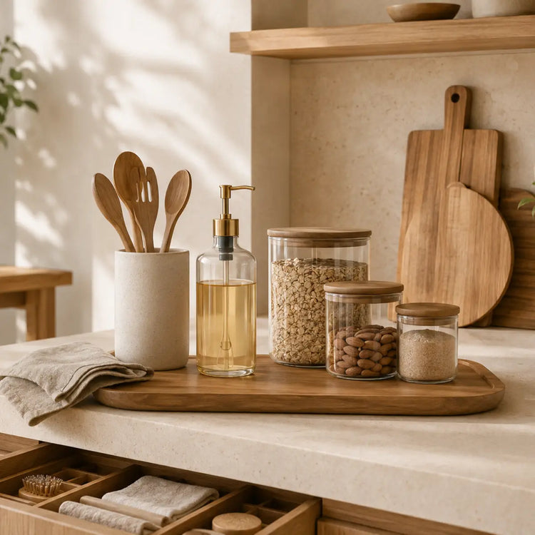 Warm Scandinavian kitchen with practical storage containers and utensils