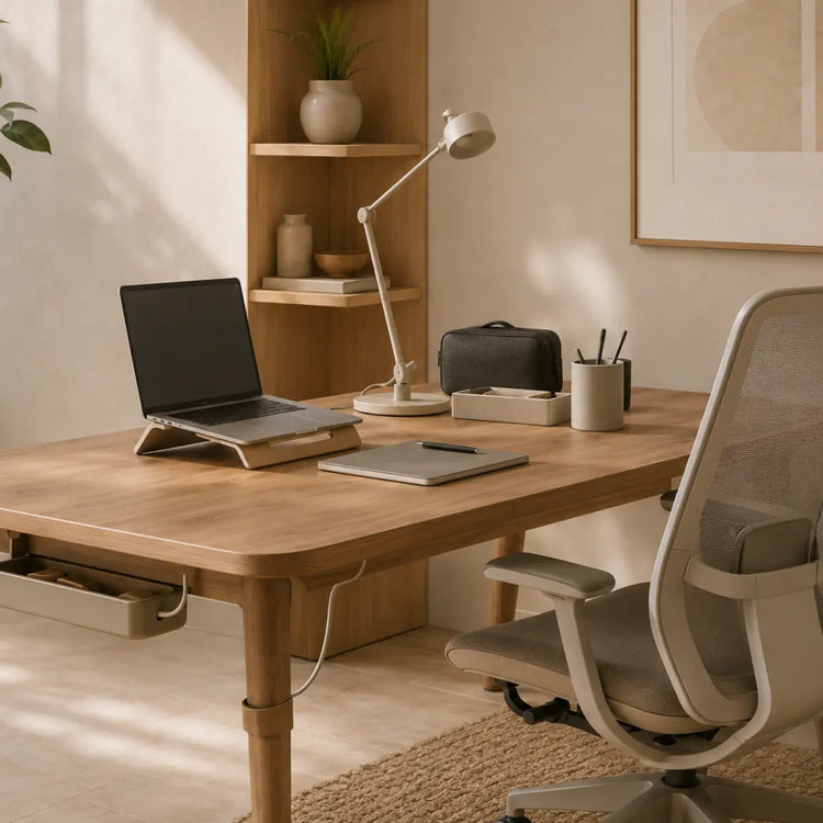 Warm Scandinavian home office with ergonomic and practical desk accessories