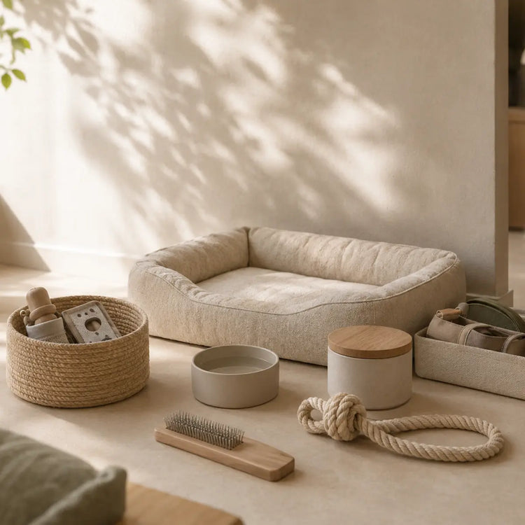 Timeless Scandinavian pet corner with practical feeding, grooming and comfort products