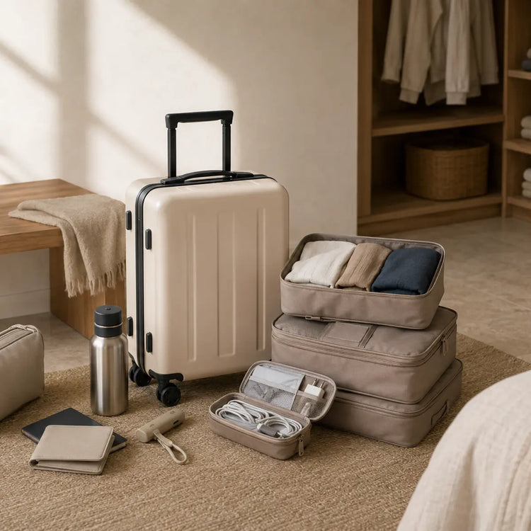 Organized travel essentials with carry-on luggage, packing cubes and accessories