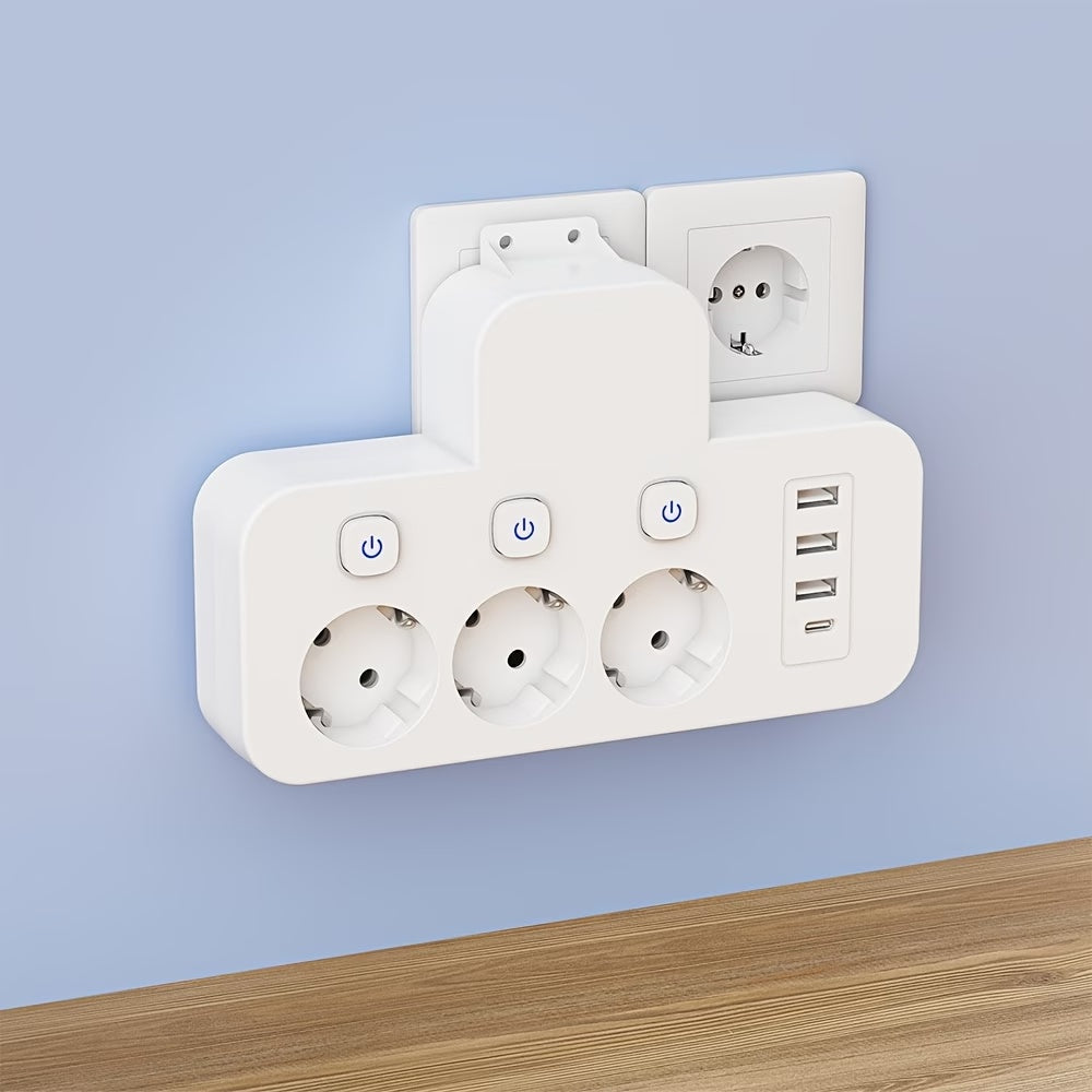EU wall socket extender with three AC outlets, three USB ports and USB-C