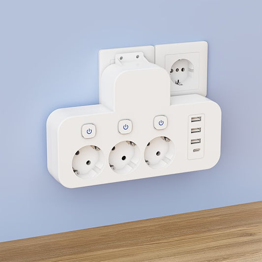 EU wall socket extender with three AC outlets, three USB ports and USB-C
