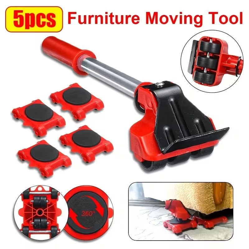 Five-piece furniture moving tool kit with lifter and four rollers